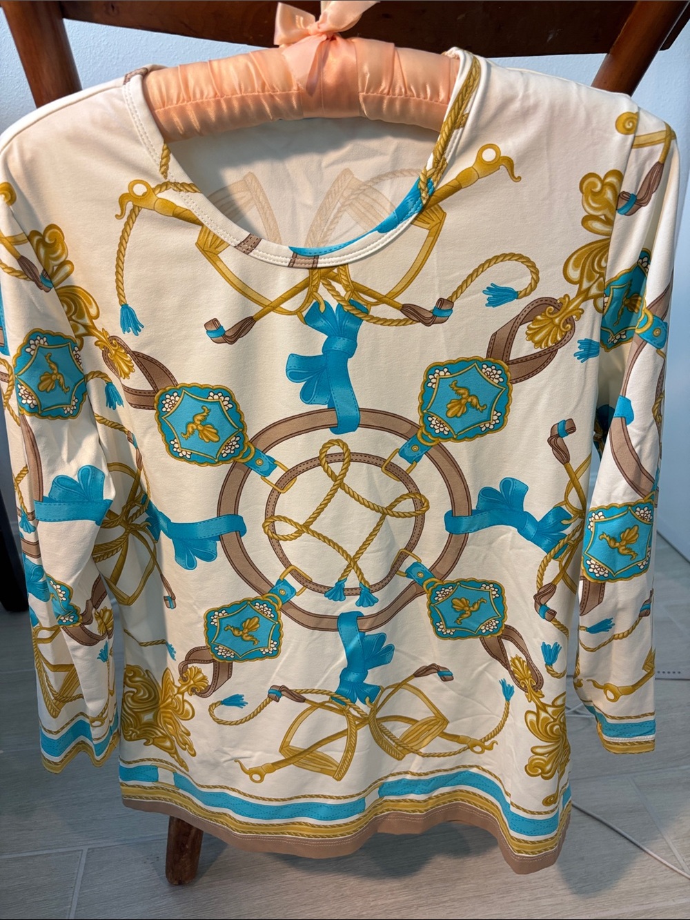 J. McLaughlin Cream Long Sleeve Top with Turquoise & Gold Equestrian Print